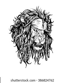 Vector hand drawn realistic lion-pirate character.