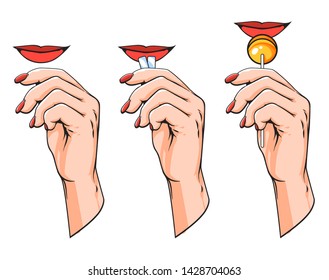 Vector hand drawn realistic sketch illustration of woman hand with gum and candy, vector illustration set isolated on white background