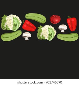 Vector. Hand drawn realistic vegetables. Template. Tomato squash champignon red pepper cauliflower. Black background.