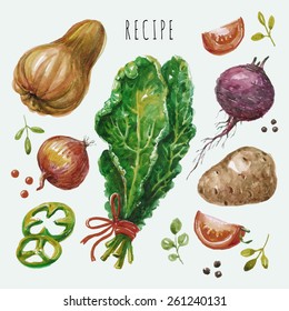 Vector Hand Drawn Recipe With Vegetable Set. Watercolor Collection.