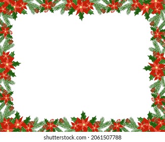 vector hand drawn rectangolar christmas wreath for invitations, greetings, card and other ideas. poinsettia, pine cones and pine branches, green leaves and red berries vector illustration.