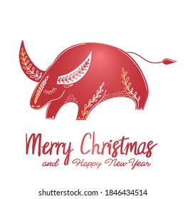 Vector hand drawn red bull, text Merry Christmas. Greeting card, isolated on white background
