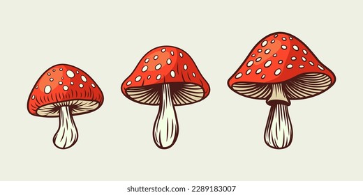 Vector Hand Drawn Red Cartoon Mushroom With Outline Icon Set Isolated. Amanita Muscaria, Fly Agaric Scetch, Doodle, Linear Sign Collection. Magic Mushroom Symbol, Design Template. Vector illustration