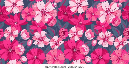 Vector hand drawn red cute shapes big flowers seamless pattern. Bright abstract, stylized, simple print in large flowers. Modern template for design