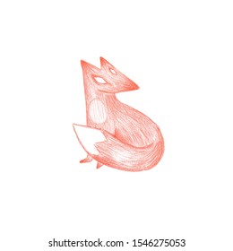Vector hand drawn red fox, children book cute sketch illustration colored pencils abstract animal.