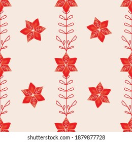 Vector hand drawn red geometric flowers poinsettia, leaves, ecru seamless pattern. Christmas print background. Great for wedding design, home decor and fabrics.