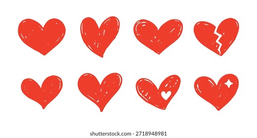 Handgezeichnetes rotes Herz-Symbol-Set mit Vektorgrafik