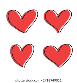 Vector Hand Drawn Red Heart With Outline Icon Set