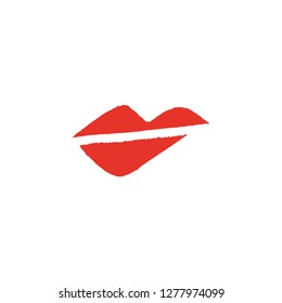 Vector hand drawn red lips liss brush symbol, logo. Picture, label, print for clothes and other, element for design and other