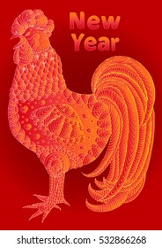 Vector hand drawn red patterned fire rooster. Symbol of chinese calendar 2017 new year. Decorated pattern silhouette of red rooster. Isolated on a red background