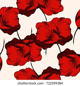 Vector hand drawn red poppy flower pattern seamless white background wallpaper, textile, fabric