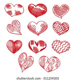 Vector hand drawn red Valentine hearts set isolated on white. Textured markers painted heart, brush stroke heart collection, line art.