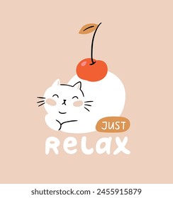 Vector hand drawn relax card with white cat and lettring. Meditation concept. Resting cat like a cake. Cute cat illustration.