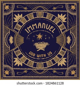 Vector hand drawn religious Christmas card with words Immanuel, God With Us, stars, crowns, baby Jesus in a cradle on dark blue backround. Golden colors.