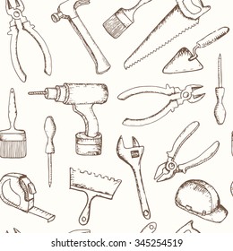 Vector hand drawn repair tools seamless pattern. 