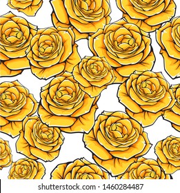 Vector hand drawn repeat pattern with yellow roses, vector illustration of beautiful flowers
