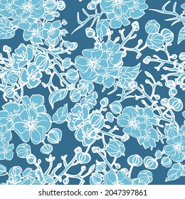 Vector hand drawn repeat pattern with blue roses on pastel blue background. Linear flowers texture, print. Illustration of beautiful flowers. Stock vector illustration.