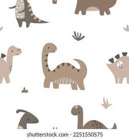 Patrón repetitivo dibujado a mano vectorial con lindos dinosaurios y texturas en estilo boho para la decoración de niños y textiles.