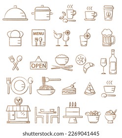 Vector hand drawn restaurant icons set. 