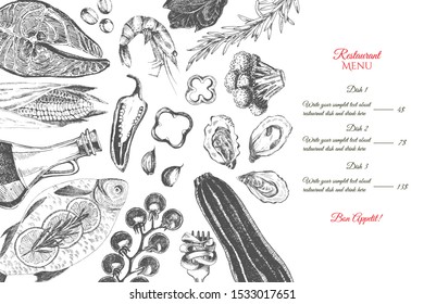 vector hand drawn restaurant menu. fish, meat, seafood and vegetables collection. Mediterranean meal ingredients. healthy diet collection of salmon, shrimp, trout, broccoli, olive oil and rosemary 