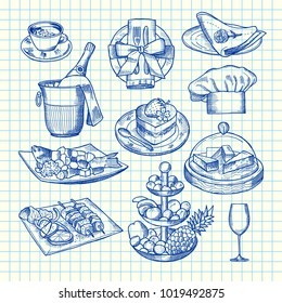 Vector hand drawn restaurant or room service elements set on blank cell sheet illustration
