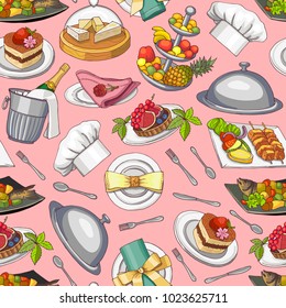Vector hand drawn restaurant or room service elements pattern or background. Breakfast food and fruit, dinner and beverage illustration