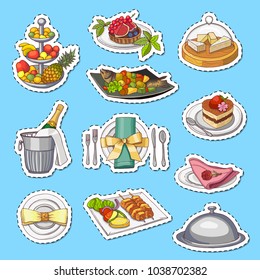 Vector hand drawn restaurant or room service elements stickers on plane background. Restaurant hotel lunch food, doodle drink and dinner on tray illustration