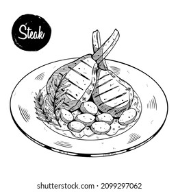 Vector hand drawn restaurant stuff Illustration. Detailed retro style lamb with potatoes on a platter image. Vintage sketch element for labels, packaging and cards design.