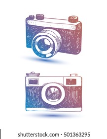 Vector hand drawn retro camera set. Hipster illustration. Use as card, t-shirt print