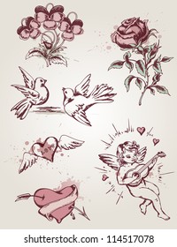 Vector hand drawn retro elements for Valentine's Day. Romantic vintage Valentine symbols.