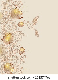 vector hand drawn retro floral background with bird