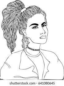 Vector Hand Drawn Retro Girl In 90s Style With Choker And Cross Earring. Beautiful Sketch  Woman With A Ponytail Hair Style.