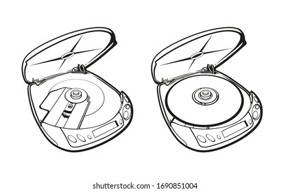 Vektorillustration handgezeichneter Retro-CD-Player mit Disc und ohne, Line Art Schwarz-Weiß-Version