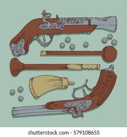 Vector hand drawn retro muskets, bullets and cleaning kit