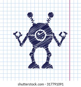 Vector hand drawn retro robot toy icon on copybook 