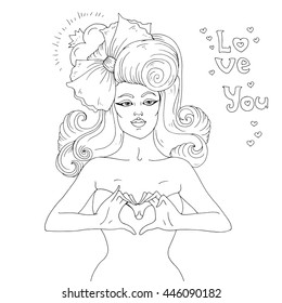 Vector hand drawn retro sexy girl with a bow in her hair. Two hands gesture representing the heart shape. The phrase love you. Isolated on white background