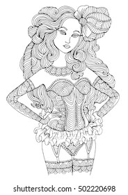 Vector hand drawn retro sexy girl in lingerie. Fashion picture in boudoir style for coloring book. Coloring page A4 size. Zentangle drawing. 