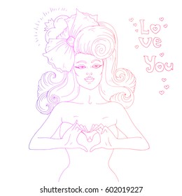 Vector hand drawn retro sexy girl with a bow in her hair. Two hands gesture representing the heart shape. The phrase love you. Colored lines Isolated on white background