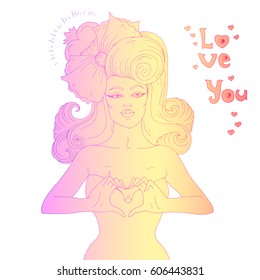 Vector hand drawn retro sexy girl with a bow in her hair. Two hands gesture representing the heart shape. The phrase love you. Colored lines Isolated on white background