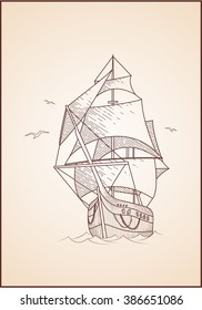Vector hand drawn retro ship with gulls. Old ship engraving illustration. Vintage sailboat.