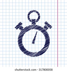 Vector hand drawn retro stopwatch icon on copybook 