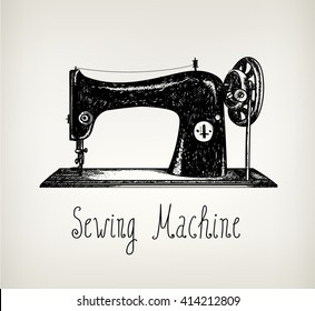 Vector hand drawn retro, vintage sewing machine illustration. Use for cards, posters, covers, ad, graphic design. 