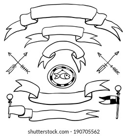 Vector hand drawn ribbons set in retro style. Design elements. Labels, Tags. 