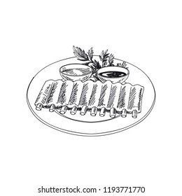 Vektorillustration handgezeichnete Rippen mit zwei Arten von Soße. Gerichte der internationalen Küche. Detaillierte Illustration im Retro-Stil. Vintage-Skizze für Etiketten, Verpackungen und Kartendesign. Moderner Hintergrund.