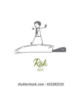 Vector hand drawn Risk concept sketch. Businessman balancing at the tip of the knife