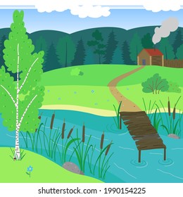 Vector hand drawn river landscape. Summer picture of village