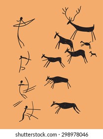vector hand drawn rock-painting depicting hunting. concept ancient sketch on a orange background