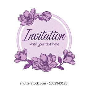 Vector hand drawn romantic floral invitation.Textured cycle with apple blossom flowers in line art style.Invite isolated on white background.sketchy hand drawn apple blossom decoration greeting card.