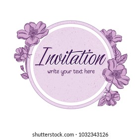 Vector hand drawn romantic floral invitation.Violet textured cycle with purple flowers in line art style.Invite isolated on white background.Sketchy hand drawn apple blossom decoration greeting card.