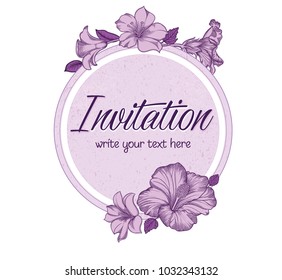 Vector hand drawn romantic floral invitation.Violet textured cycle with purple  flowers in line art style.Invite isolated on white background.sketchy hand drawn exotic flowers decoration greeting card
